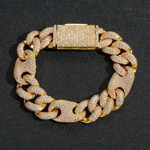 Hip hop style gold 15mm Cuban link bracelet with sparkling cubic zirconia pavé stones