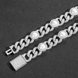 Bracelet cubain 15mm style hip hop avec perles et zircons sertis en finition argent