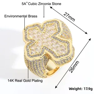 Dettagli dell'anello a croce hip hop placcato oro 14K con pietre di zircone 5A+