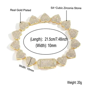 Dettaglio del bracciale a catena a cuore placcato oro 10mm con dimensioni in zirconi