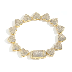Bracciale a catena con cuori da 10mm in oro e micro-pavé di zirconi per uomo e donna