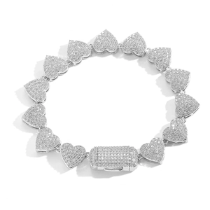 Bracciale hip hop a cuore 10mm in argento con zirconi cubici micro-pavé