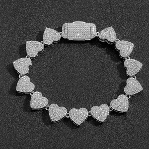 Bracciale hip-hop da 10mm con maglie a cuore in argento e zirconi micro-pavé unisex