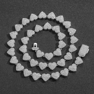 Collana a maglie a cuore in argento da 10mm con micro-pavé di zirconi per stile hip hop