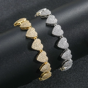 Bracciale hip hop a maglie a cuore 10mm con zirconi micro-pavé in oro e argento