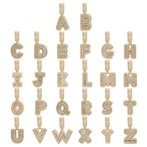 Hip Hop 26 Initial Letter Pendant Necklace Iced Out Baguette Zirconia Copper Pave Pendant Stainless Steel Rope Chain Jewelry