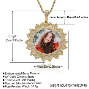 Custom photo pendant with gold sunflower frame and 5A cubic zirconia stones details