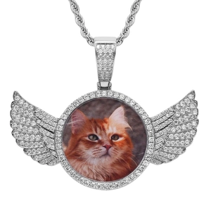 Individuelle silberne Flügel Fotomedaillon Kette mit Zirkonia und geflochtener Halskette
