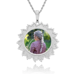Custom silver photo locket necklace with sparkling zircon sunburst frame and twisted rope chain