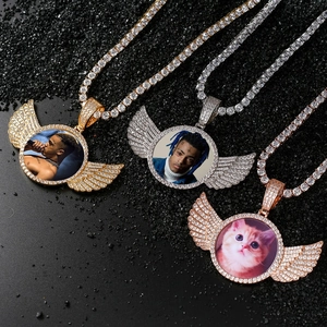 Hiphop Engel Flügel Foto Anhänger Kette mit Zirkonia in Gold Silber und Roségold