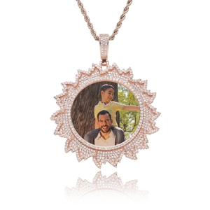 Custom rose gold photo locket necklace with sunburst edge and twisted rope chain