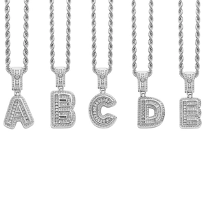 Iced out silver hip hop necklaces featuring A to E letter pendants with square zircons