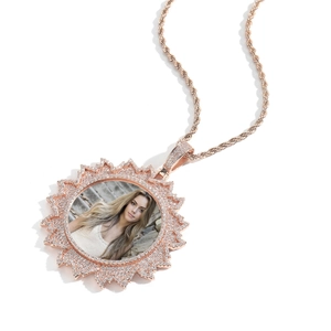 Custom rose gold photo locket necklace with sparkling zircon flower frame and rope chain