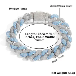 Detail showing 14mm Cuban link bracelet with blue white cubic zirconia and rhodium plating
