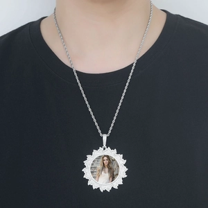 Custom silver photo locket pendant with sunflower zircon frame and rope chain
