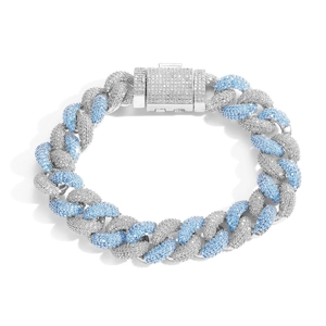 14mm Hip hop iced out Cuban link bracelet with blue and white cubic zirconia crystals