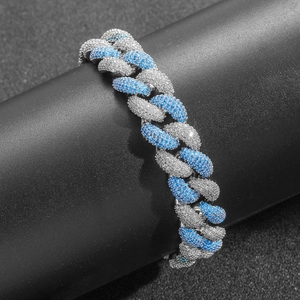 14mm hip hop cuban link bracelet with blue and white cubic zirconia for men