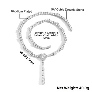 Macro detail of silver heart tennis chain with 5A+ cubic zirconia micro-pave setting