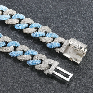 Iced out 14mm Cuban link bracelet with blue and white zircons in hip hop style