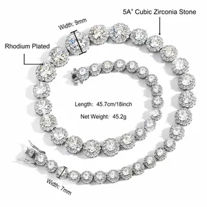 Detail view of 9mm and 7mm rhodium plated tennis chains with 5A+ cubic zirconia stones