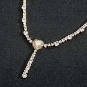 Hip hop tennis chain necklace with gold heart pendant and micro-pave cubic zirconia