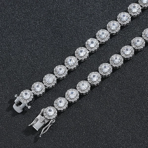 Hip hop silver tennis chain with micro-pave zircon flower clusters and secure clasp
