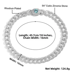 Détail d'une chaîne cubaine de 16mm plaquée rhodium avec zircone 5A+ et pierre bleue