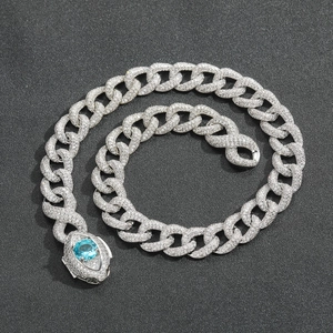 Chaîne cubaine argentée avec pendentif tête de serpent bleue de style hip hop