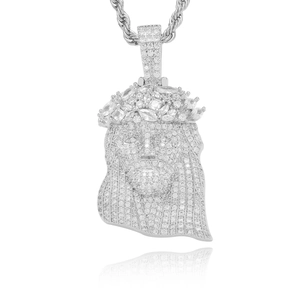 Ciondolo viso di Gesù hip hop con zirconi micro-pavé e catena a corda in argento lucido