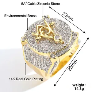 Macro detail of gold plated Masonic ring with 5A cubic zirconia and compass square