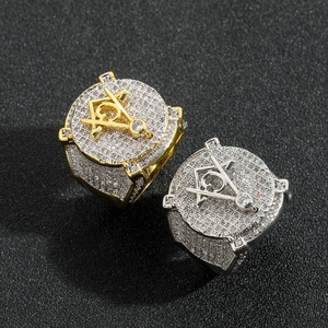 Hip hop Freemason ring in gold and silver finish with full pave cubic zirconia stones