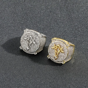 Hip hop Freemason ring in gold and silver finish with full cubic zirconia stones