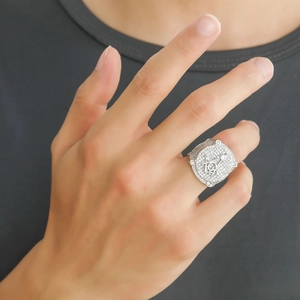 Mens silver masonry ring with zircon pave stones and compass G symbol on hand