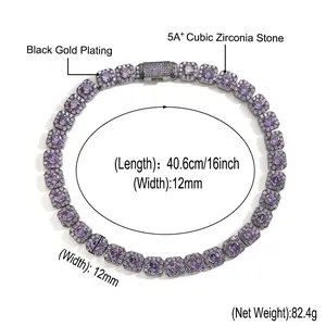 12mm Iced Out Hip-Hop-Halskette mit violetten Zirkoniasteinen und schwarzer Goldbeschichtung
