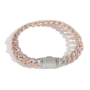 Hip Hop Cuban Link Bracelet Pink White Zircon Iced Out Dual Tone Copper Chain For Men Women Luxury Jewelry
