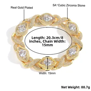 Macro detail of 15mm hip hop cuban link bracelet with 5A+ zircon stones in 18K gold finish