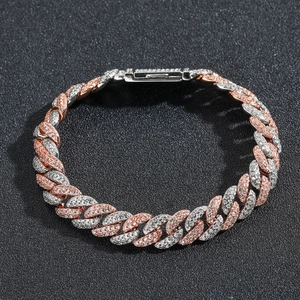 9MM Cuban link bracelet in silver and rose gold finish with iced out pink zircons
