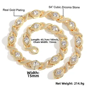 15mm gold Cuban link chain with 5A+ cubic zirconia stones and 45.7cm length detail