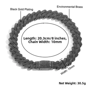 Detalle de una pulsera de cadena cubana negra de 10 mm con circonitas en latón y medidas