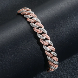 Luxury 9mm Cuban link bracelet with pink zircon and micro-pave crystals in two-tone gold