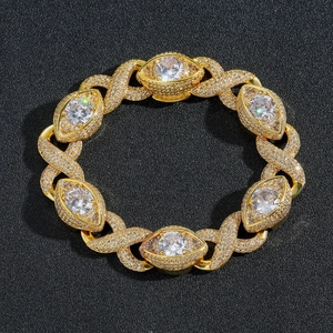 Luxurious 15mm gold hip-hop Cuban bracelet with eye-shaped links and micro-pave crystals