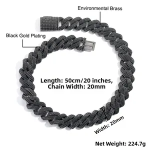 Detalle de la cadena cubana de 20mm con circonitas negras y medidas de longitud de 50cm