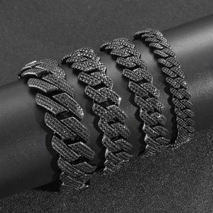 Pulseras hip hop de cadena cubana con circonitas negras en anchos de 10 mm a 20 mm