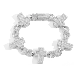 Iced out silver hip hop bracelet with cross and infinity links and round cubic zirconia
