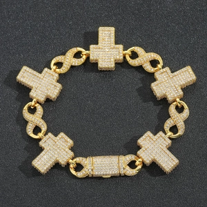 Hip hop gold bracelet with cross and infinity symbols fully set with white zircons