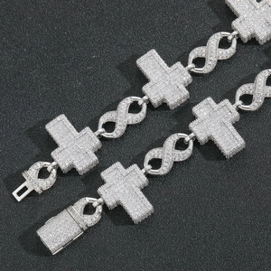 Iced out silver cross and infinity link chain necklace with white cubic zirconia