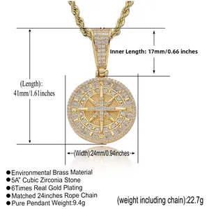 Detailed dimensions of the 24mm gold plated compass pendant with 5A+ cubic zirconia stones
