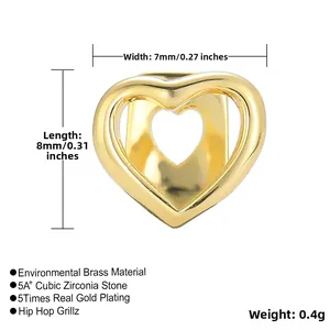 Grillz dentaire en forme de cœur doré en laiton avec zircone et placage à l'or fin