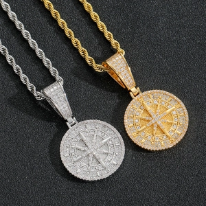 Hip Hop Compass Star Pendant Necklace For Men Women Iced Out Zirconia Copper Round Compass Directional Jewelry With Rope Chain