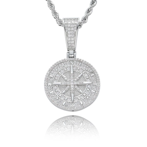 Iced out compass pendant with zircon stones on silver rope chain for hip hop style